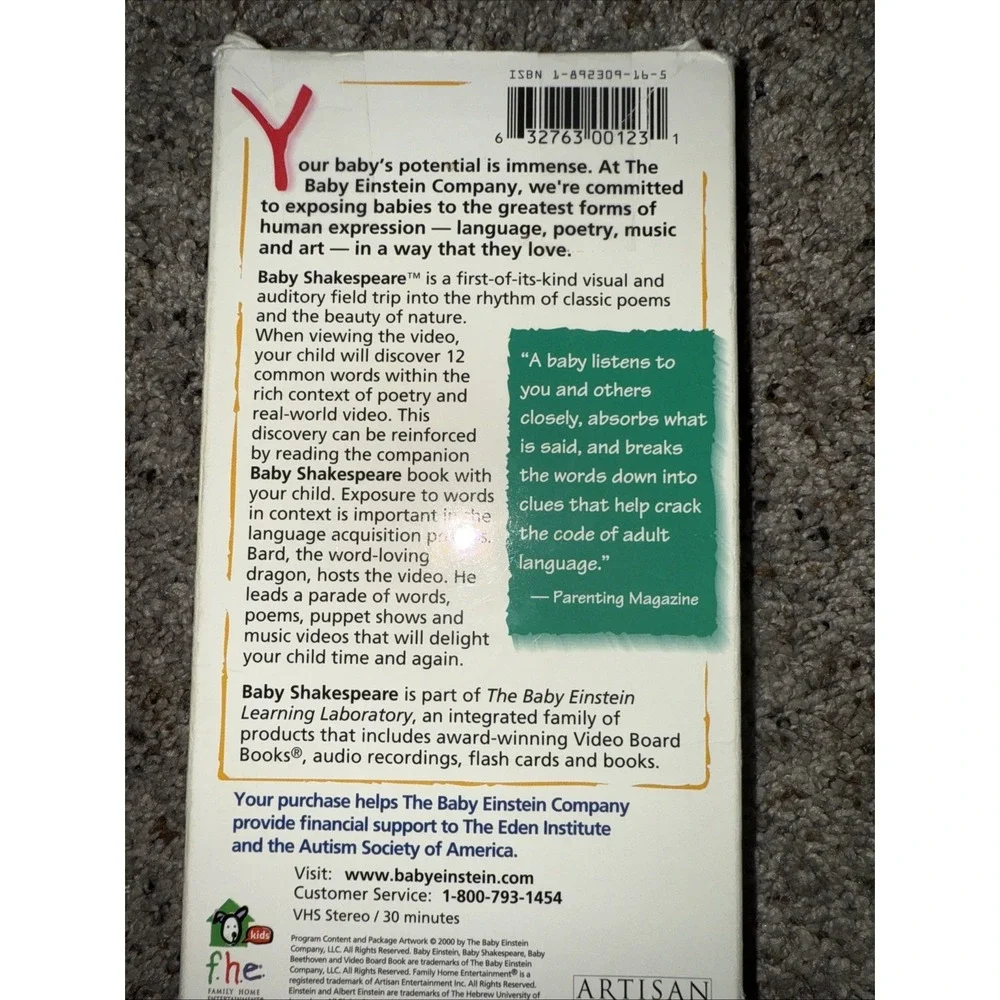 Baby Shakespeare‎ VHS Tape 2000 1-4 Years Exploring Vocabulary Through Art Rare